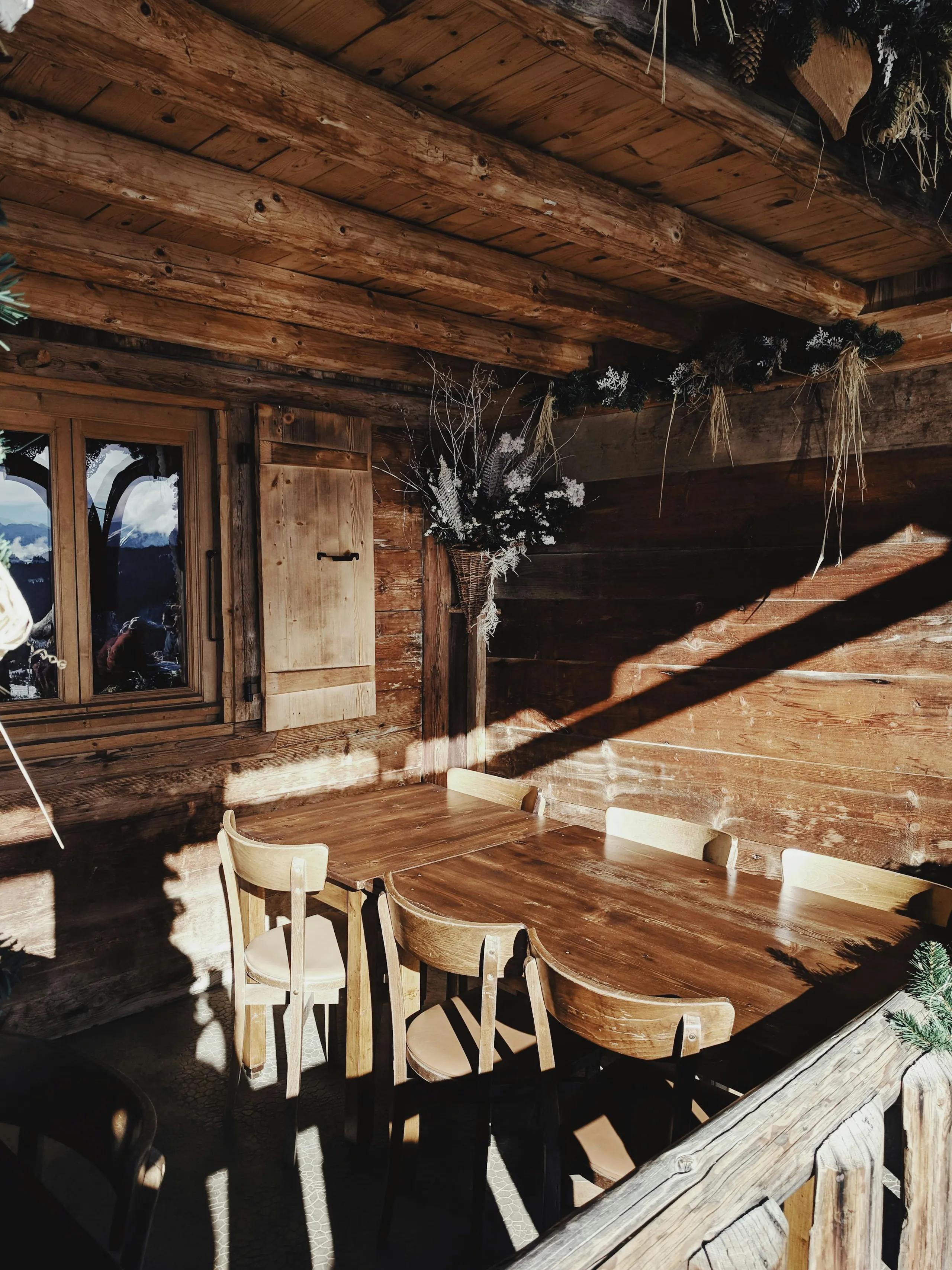 A long timber table and chairs in a dark panelled room with winter sun across the wall