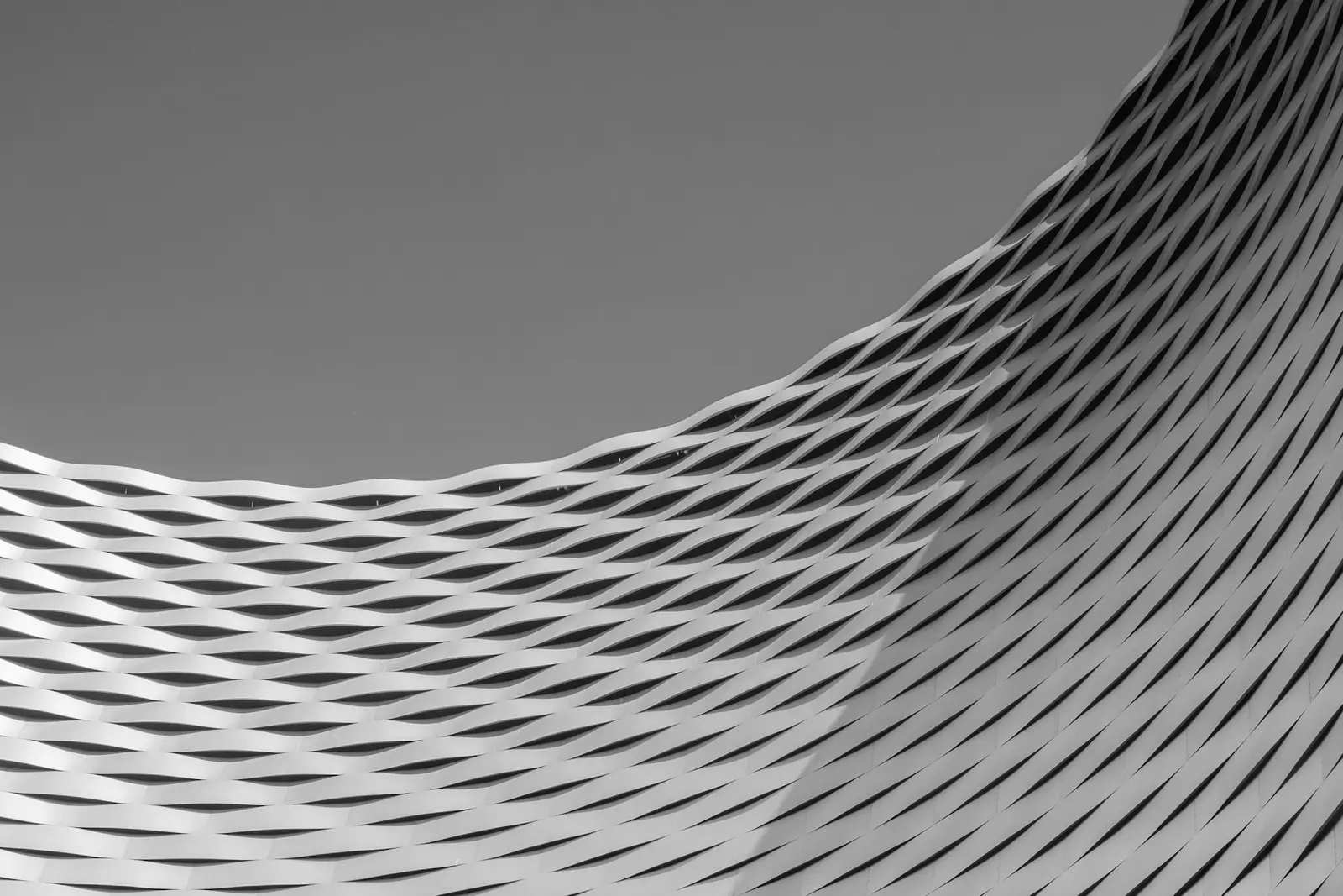 Monochrome photograph of a curved building facade with a woven lattice of precast panels against a grey sky