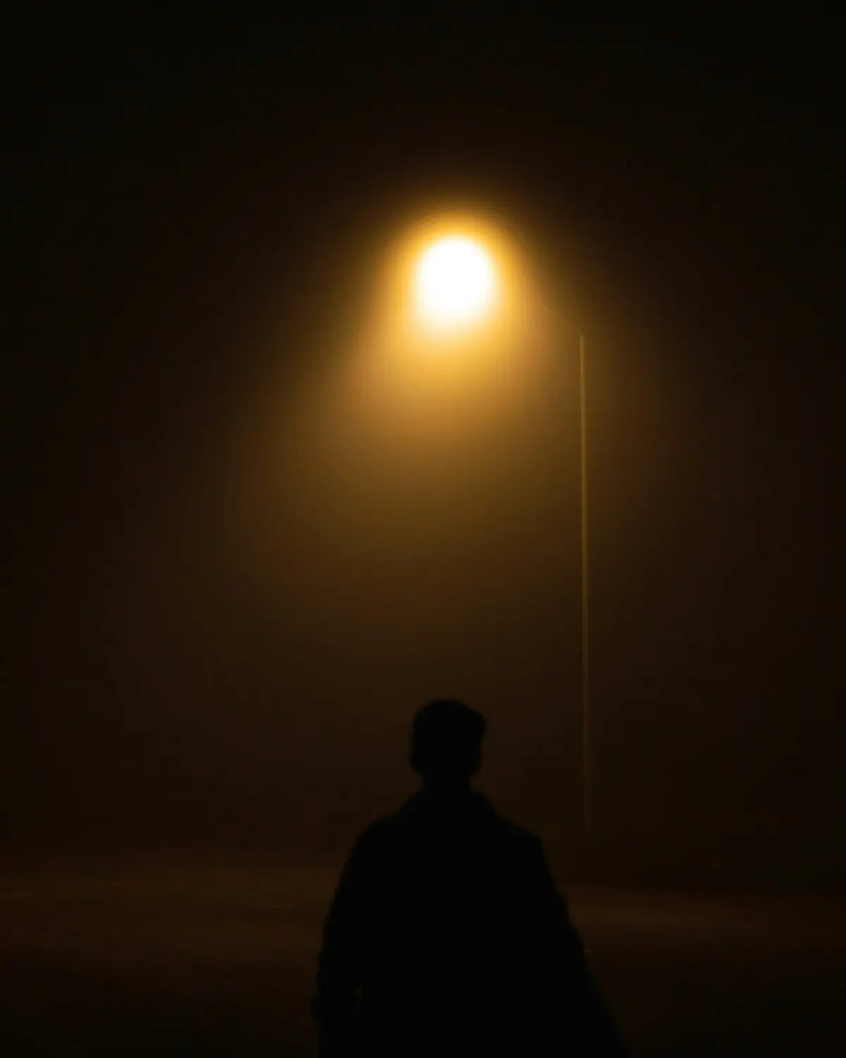 A lone figure standing in fog under a single sodium streetlight, everything else black.