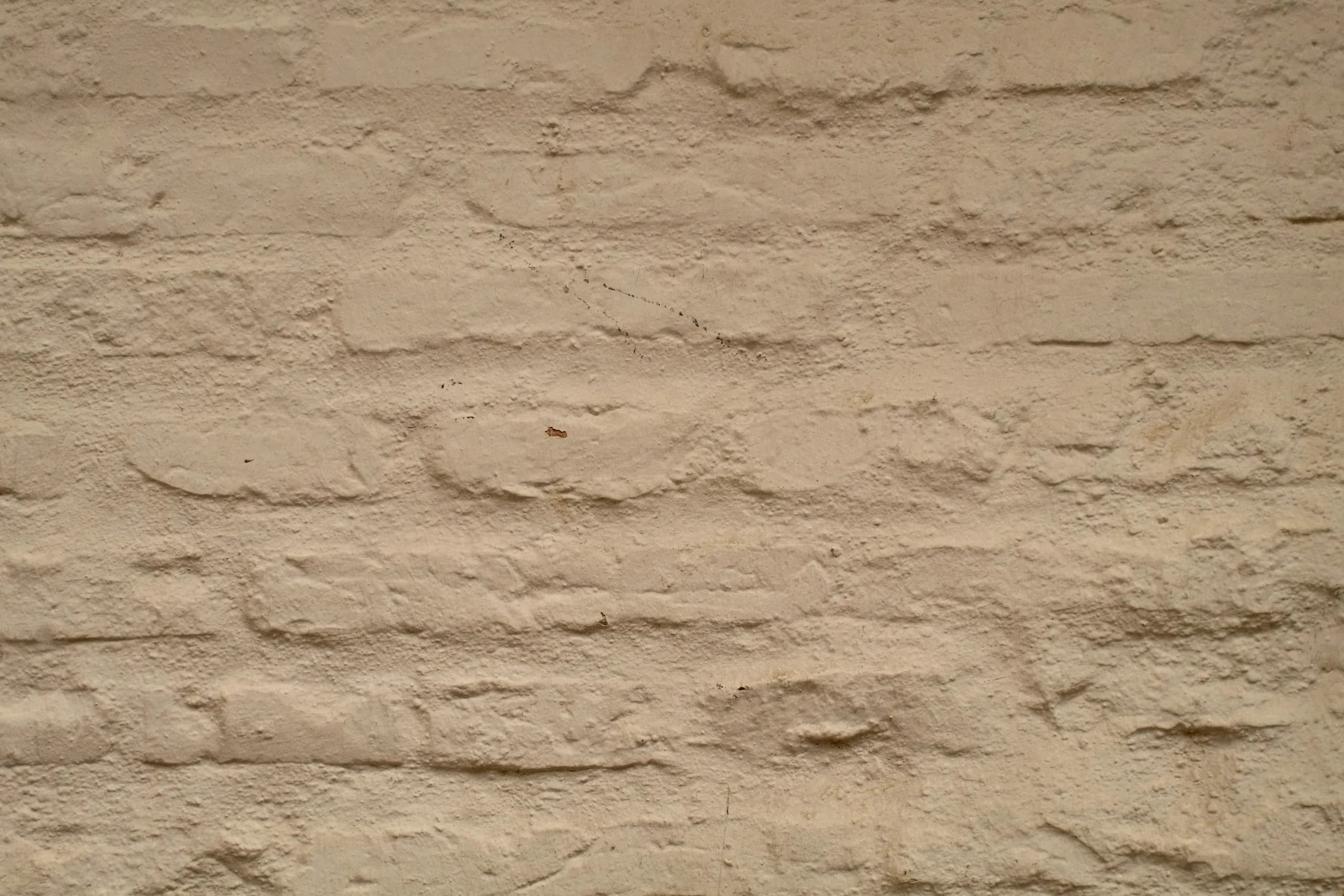 A brick wall carrying a cream limewash, the courses and mortar joints still legible through the coat