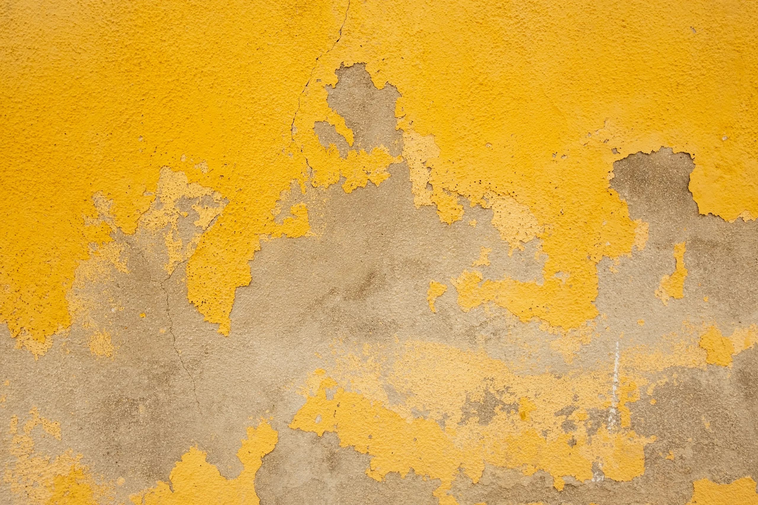 A rendered wall where yellow paint has failed and peeled away in sheets, exposing grey render underneath