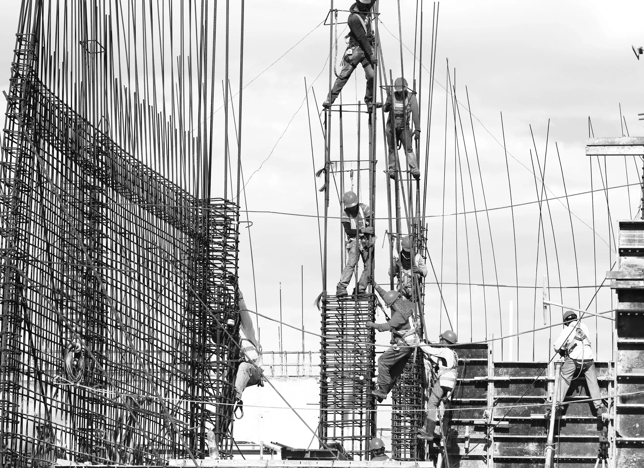 Monochrome photograph of a reinforcement cage under construction: dense vertical bars, timber formwork and steel fixers working at height