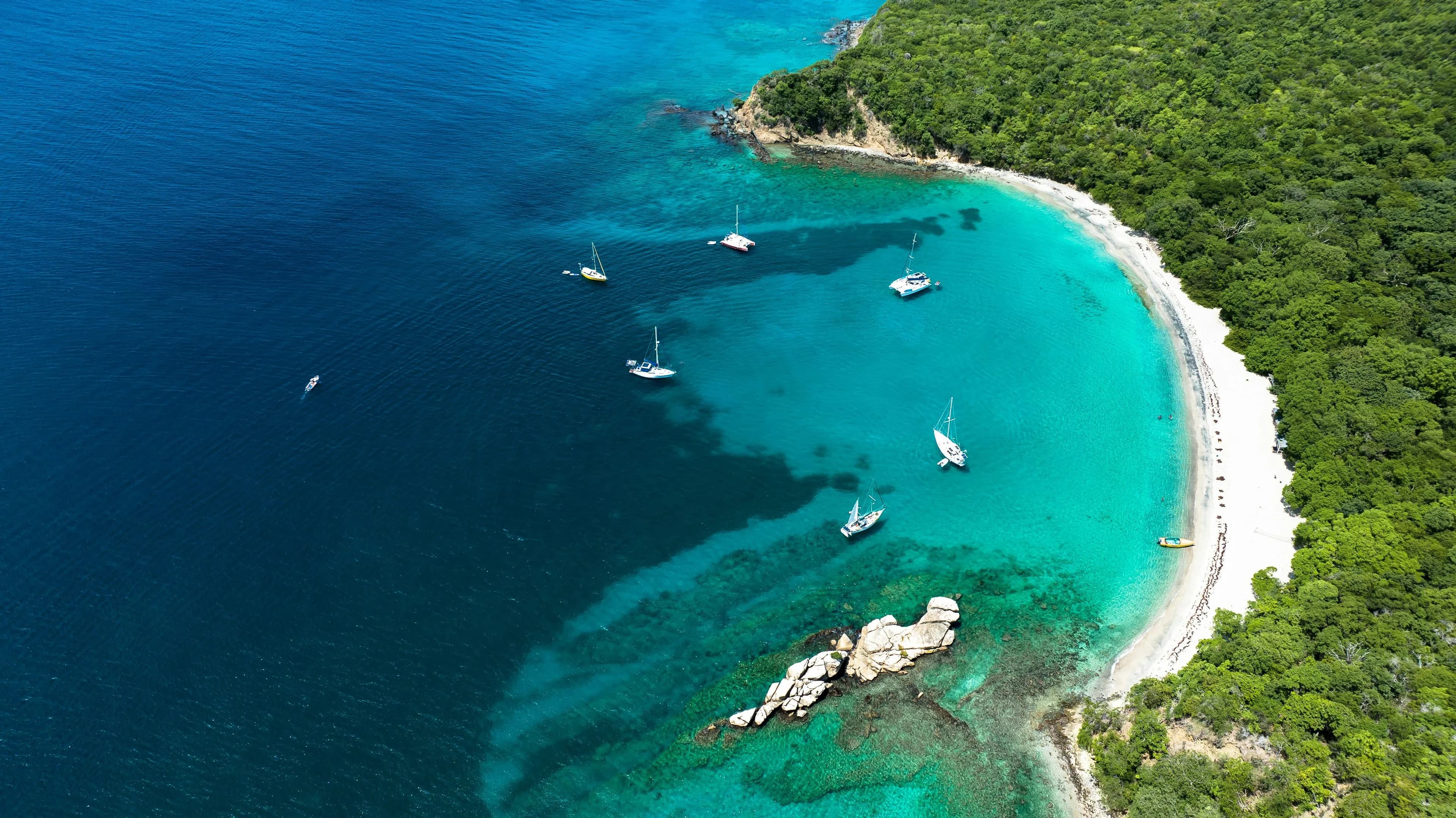 Aerial view of a wooded headland and a white beach, five sailing yachts lying at anchor in turquoise shallows